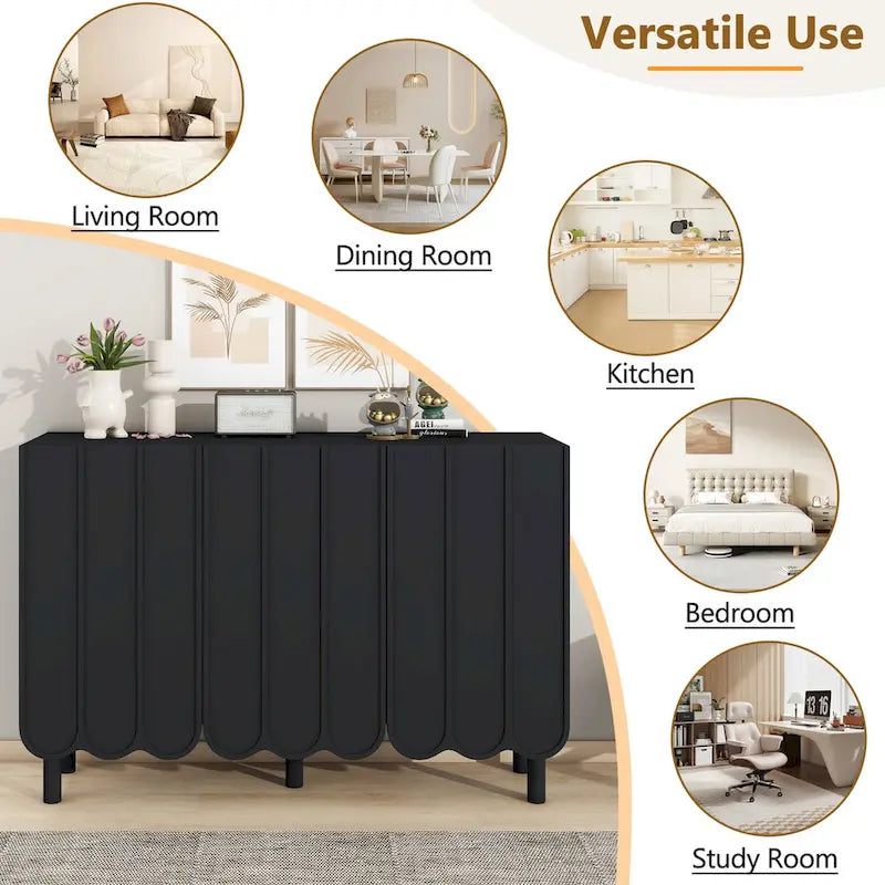 Shoe Cabinet with 5 Solid Wood Legs, Sideboard Buffet Cabinet with Adjustable Shelves, Large Storage Cabinet with Wave Doors