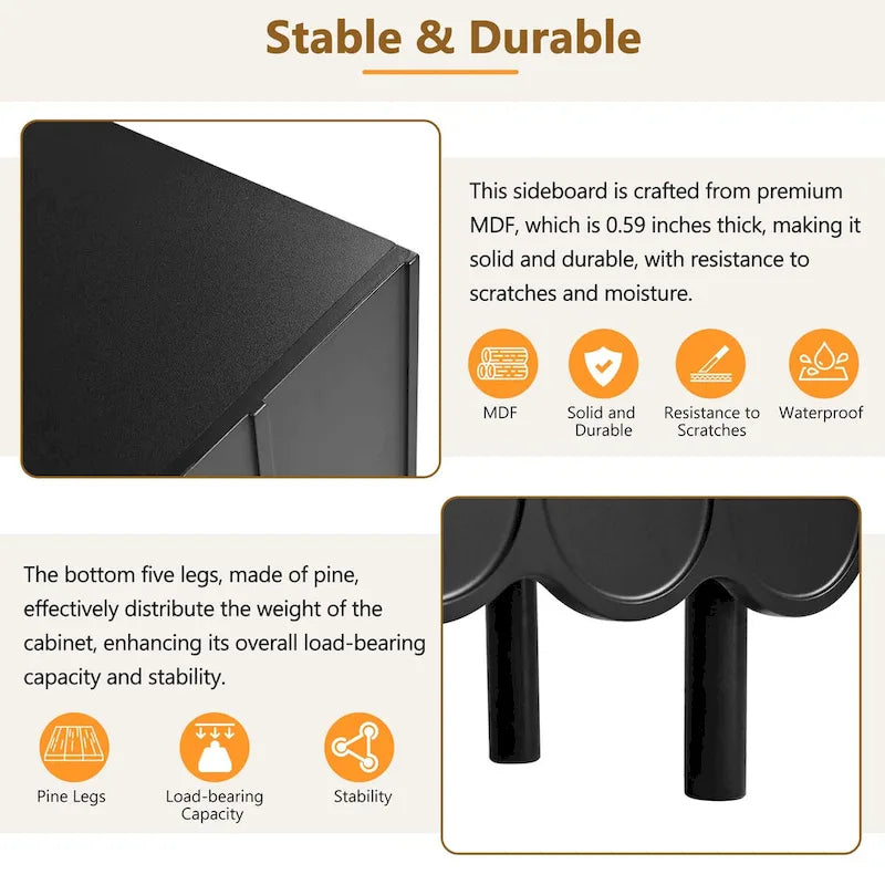 Shoe Cabinet with 5 Solid Wood Legs, Sideboard Buffet Cabinet with Adjustable Shelves, Large Storage Cabinet with Wave Doors