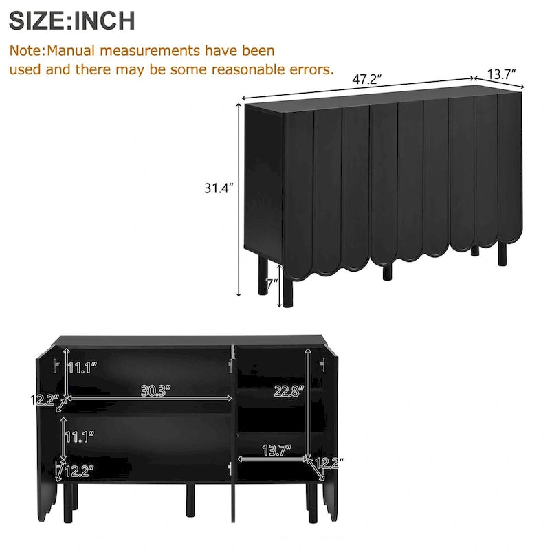 Shoe Cabinet with 5 Solid Wood Legs, Sideboard Buffet Cabinet with Adjustable Shelves, Large Storage Cabinet with Wave Doors
