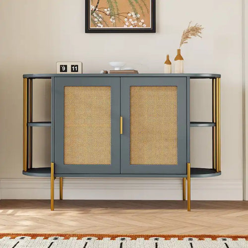 2-Door Elegant Curved Dining Cabinet with Gold Trim and Woven Rattan Doors for Dining Room
