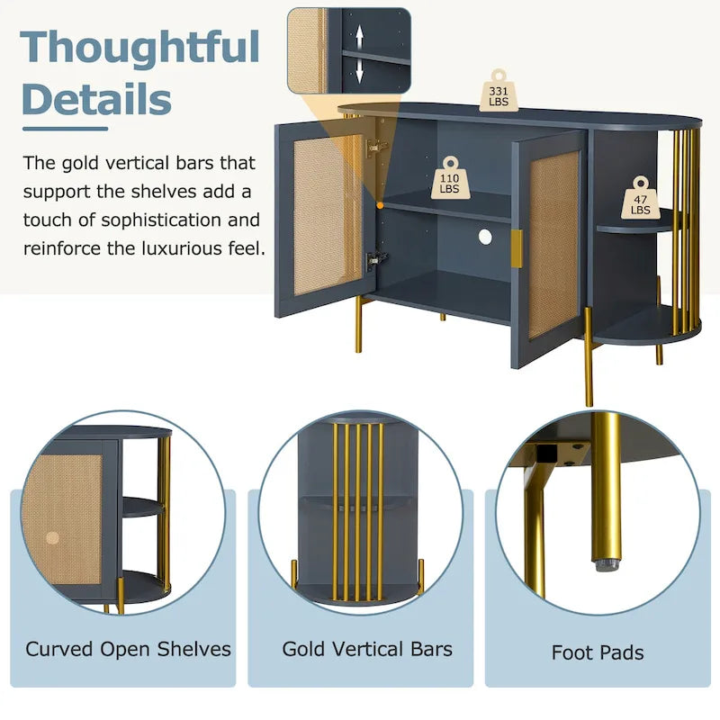 2-Door Elegant Curved Dining Cabinet with Gold Trim and Woven Rattan Doors for Dining Room