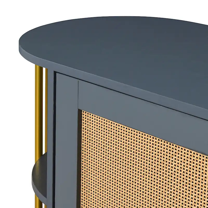 2-Door Elegant Curved Dining Cabinet with Gold Trim and Woven Rattan Doors for Dining Room