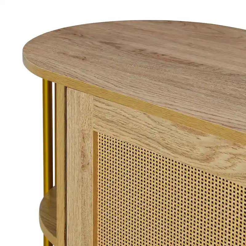 2-Door Elegant Curved Dining Cabinet with Gold Trim and Woven Rattan Doors for Dining Room