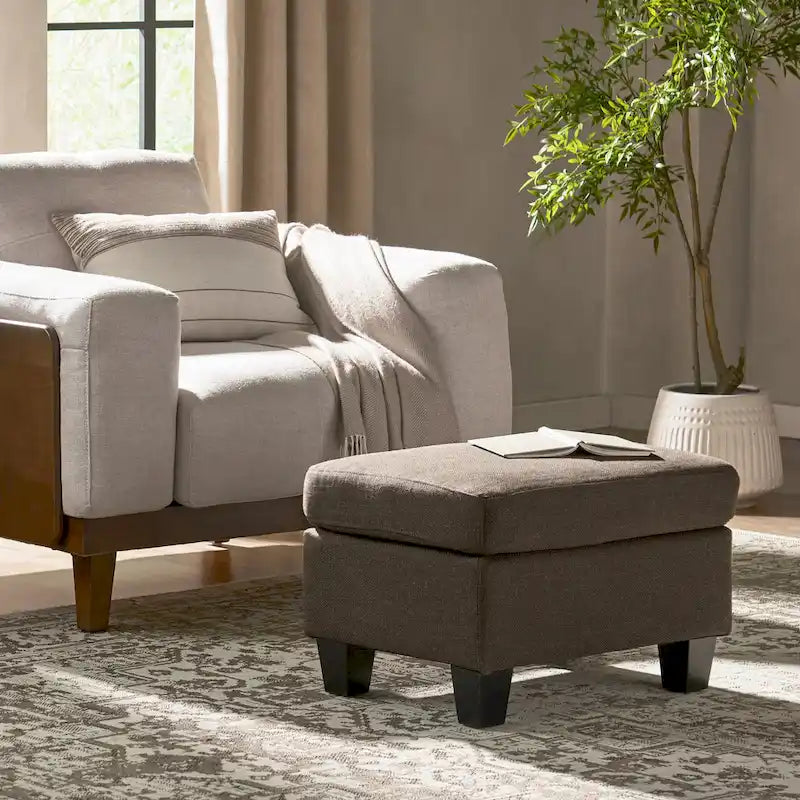 Upholstered Fabric Ottoman with Birch Wood Legs