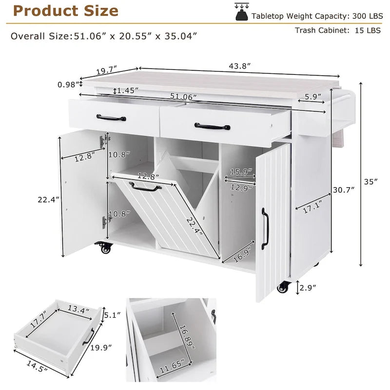 43.8W Kitchen Island with Trash Can Storage Cabinet - N/A