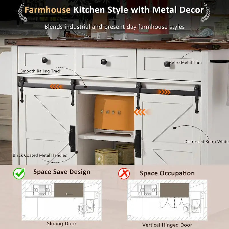 53.7 Kitchen Island, Power Outlet, 2 Sliding Barn Door Kitchen Storage Island Drop Leaf, Rack Rolling Kitchen Cart on Wheels