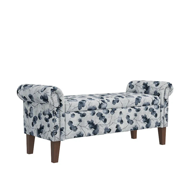 Floral Upholstered Storage Bench Ottoman with Rolled Arms and Nailhead Trim