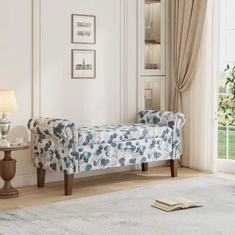 Floral Upholstered Storage Bench Ottoman with Rolled Arms and Nailhead Trim