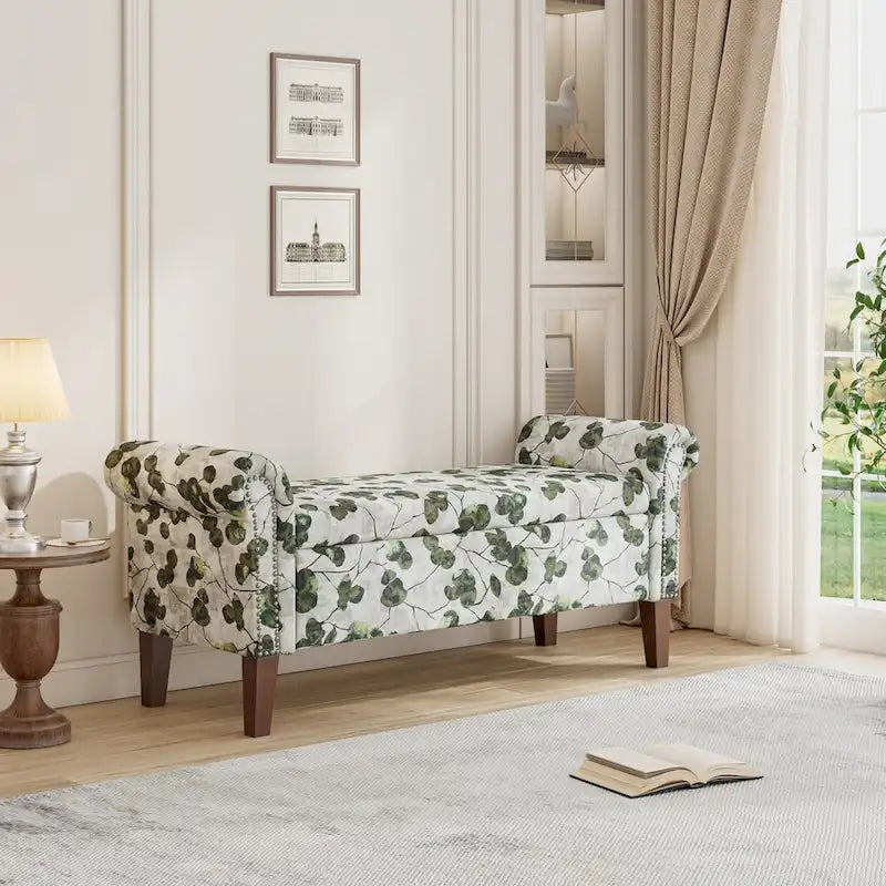 Floral Upholstered Storage Bench Ottoman with Rolled Arms and Nailhead Trim