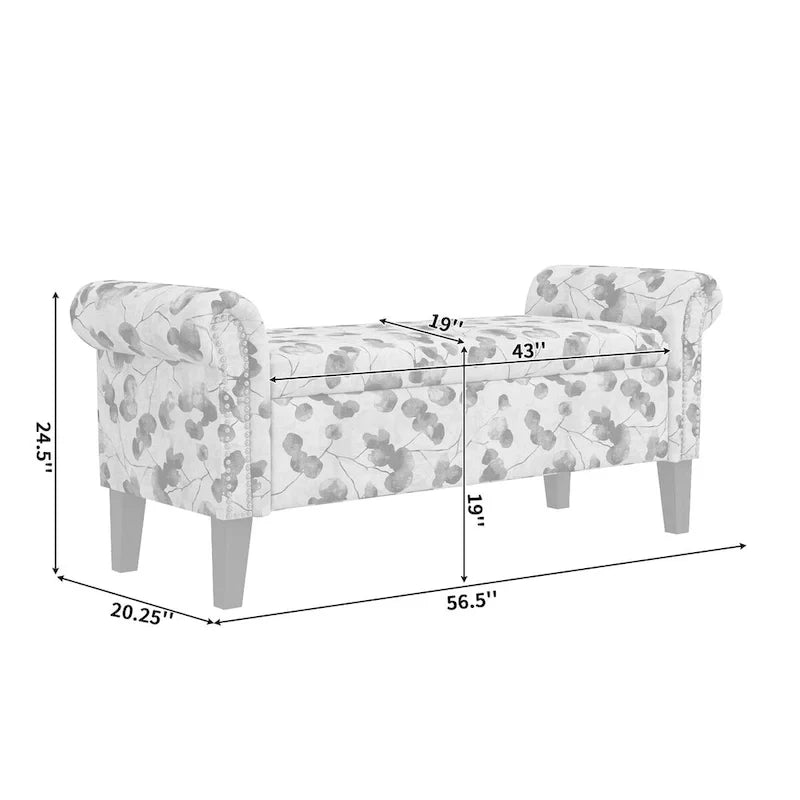 Floral Upholstered Storage Bench Ottoman with Rolled Arms and Nailhead Trim
