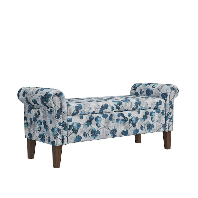 Floral Upholstered Storage Bench Ottoman with Rolled Arms and Nailhead Trim