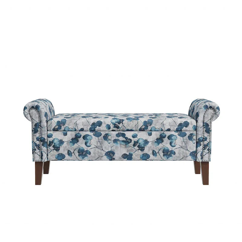 Floral Upholstered Storage Bench Ottoman with Rolled Arms and Nailhead Trim