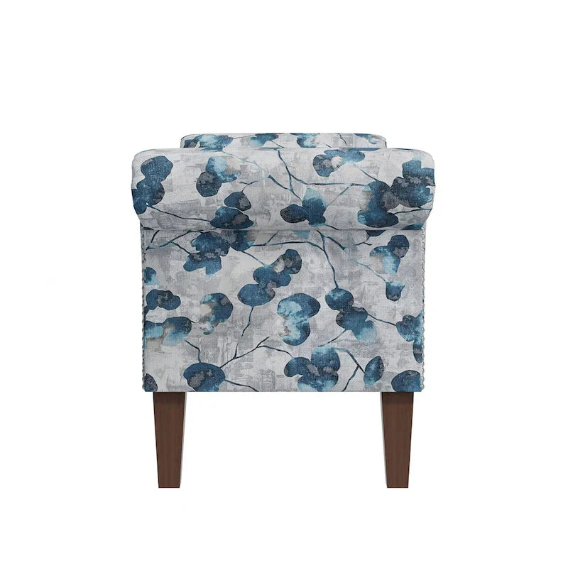 Floral Upholstered Storage Bench Ottoman with Rolled Arms and Nailhead Trim