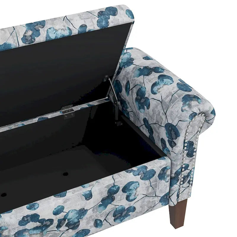 Floral Upholstered Storage Bench Ottoman with Rolled Arms and Nailhead Trim