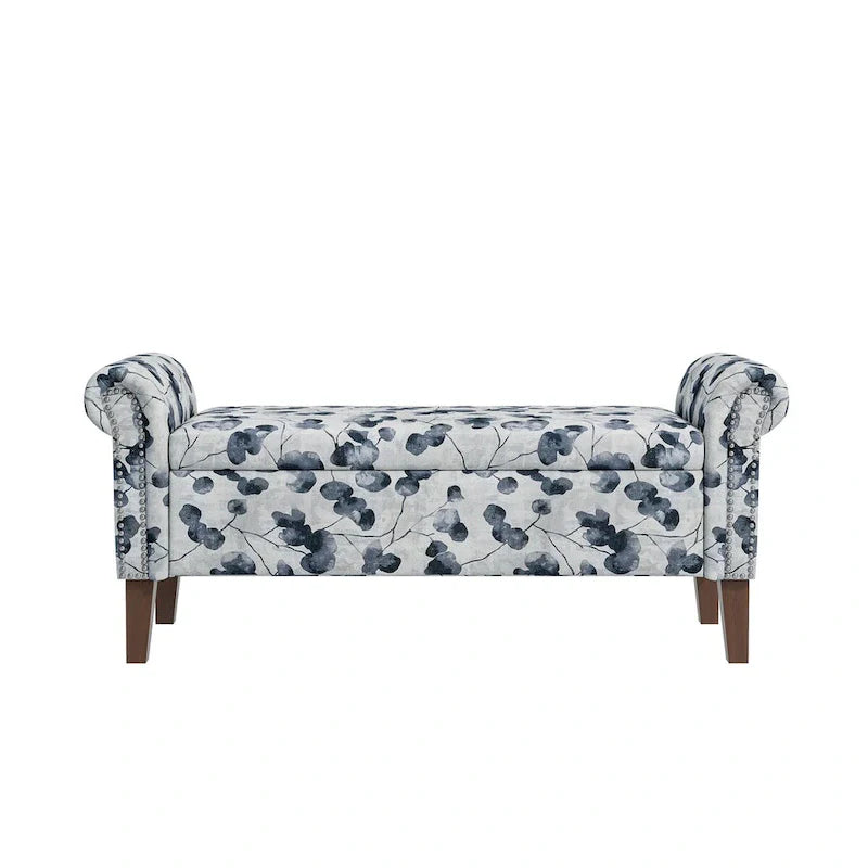 Floral Upholstered Storage Bench Ottoman with Rolled Arms and Nailhead Trim