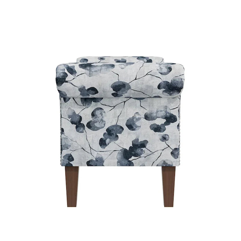 Floral Upholstered Storage Bench Ottoman with Rolled Arms and Nailhead Trim