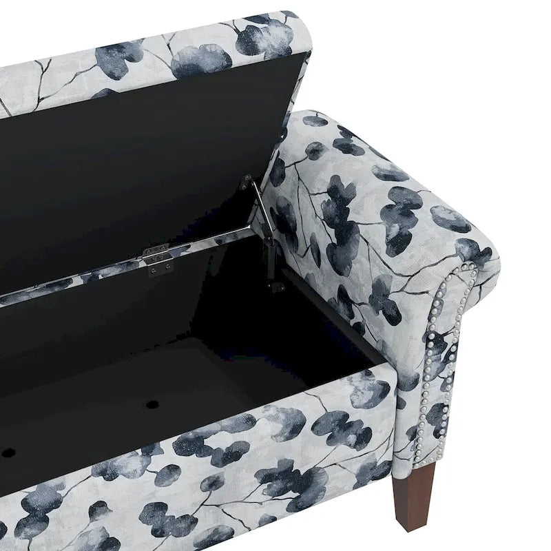 Floral Upholstered Storage Bench Ottoman with Rolled Arms and Nailhead Trim