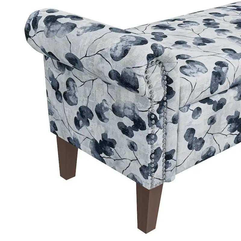 Floral Upholstered Storage Bench Ottoman with Rolled Arms and Nailhead Trim