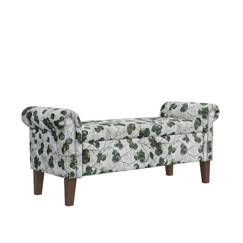 Floral Upholstered Storage Bench Ottoman with Rolled Arms and Nailhead Trim