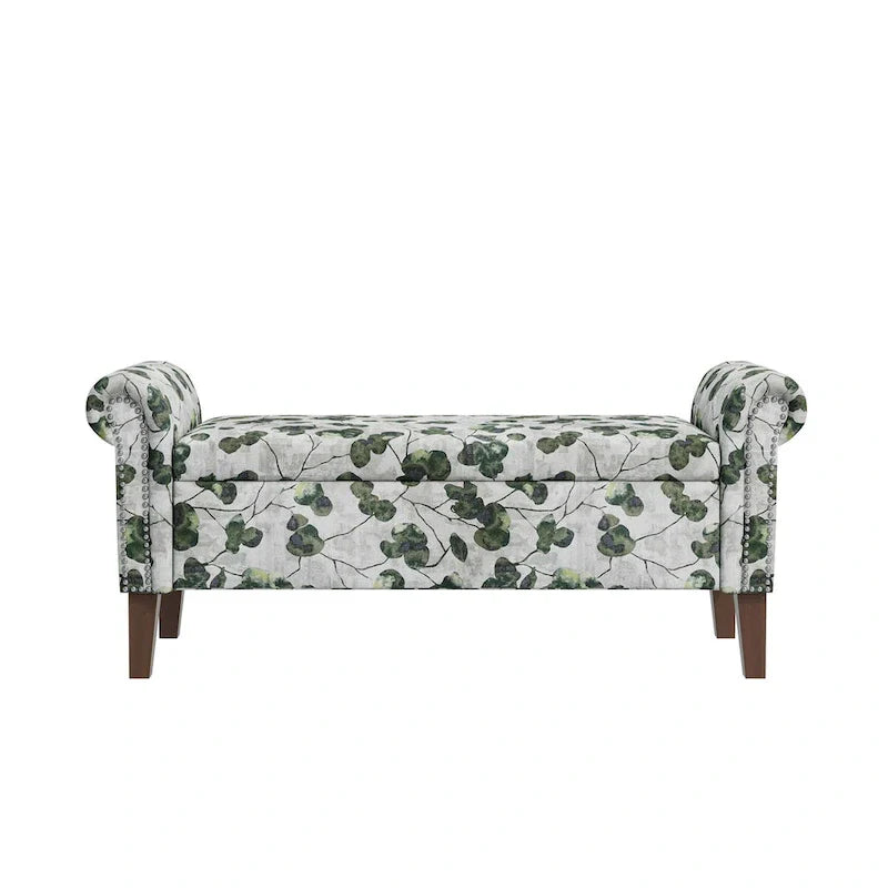 Floral Upholstered Storage Bench Ottoman with Rolled Arms and Nailhead Trim
