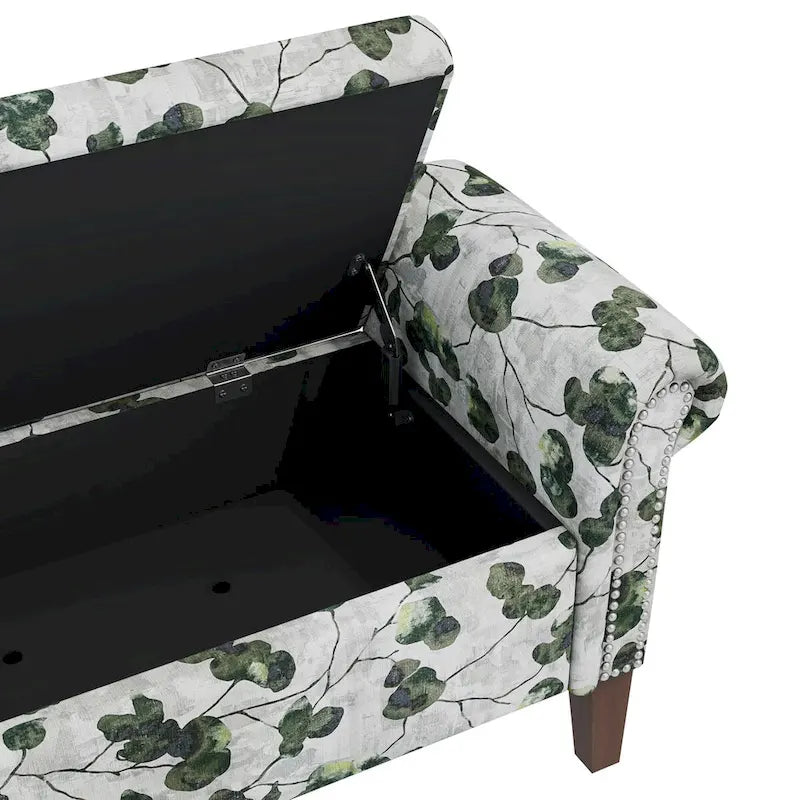 Floral Upholstered Storage Bench Ottoman with Rolled Arms and Nailhead Trim