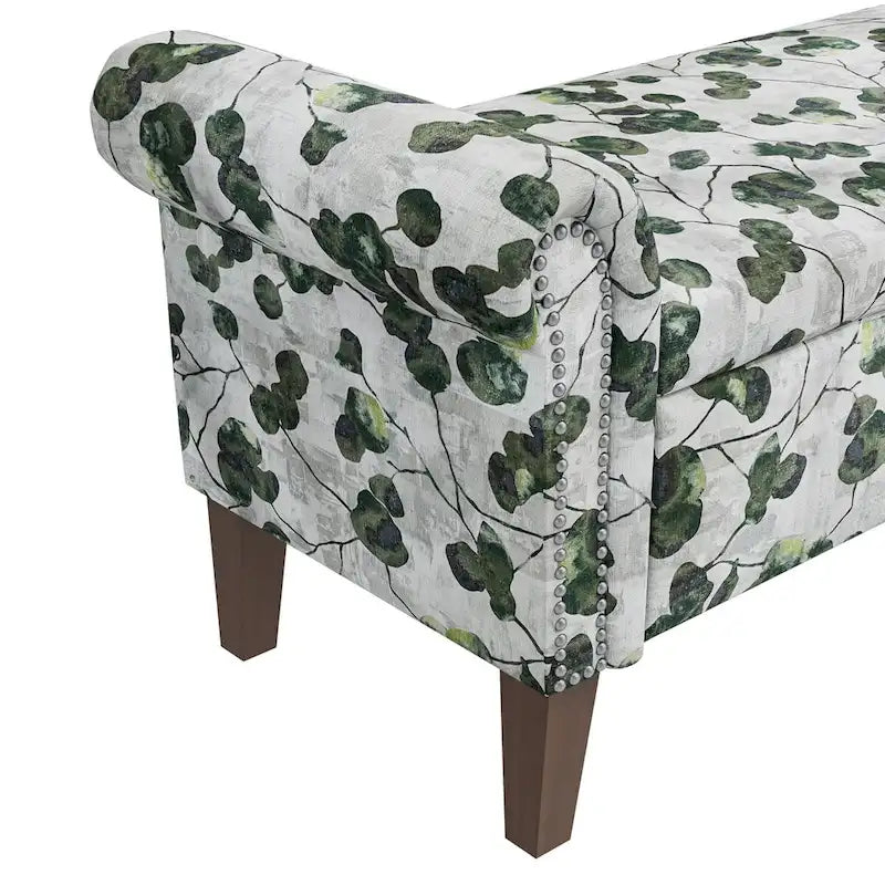 Floral Upholstered Storage Bench Ottoman with Rolled Arms and Nailhead Trim