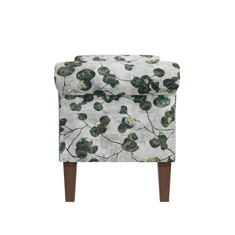 Floral Upholstered Storage Bench Ottoman with Rolled Arms and Nailhead Trim