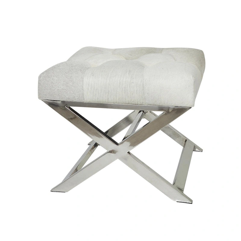 Leather Upholstered Tufted Home Bench with Silver Diagonal Base - Grey - Roche River Decor