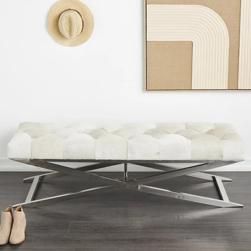Leather Upholstered Tufted Home Bench with Silver Diagonal Base - Grey - Roche River Decor