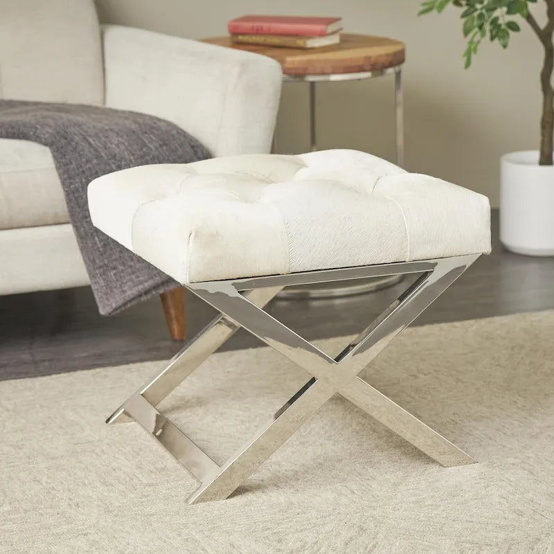 Leather Upholstered Tufted Home Bench with Silver Diagonal Base - Grey - Roche River Decor